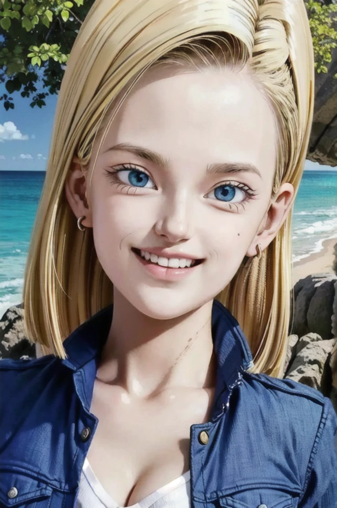 android 18,blonde hair, Long Straight hair, blue eyes, vest, black shirt, long sleeves, denim jacket, looking at viewer, smile Face, close up portrait, outside, beach, ocean, blue sky, trees, rocks, high quality, masterpiece,  sexy body, perfect breasts, slightly torn shirt on the chest