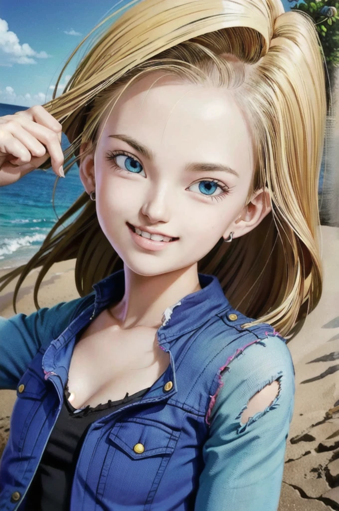 android 18,blonde hair, Long Straight hair, blue eyes, vest, black shirt, long sleeves, denim jacket, looking at viewer, smile Face, close up portrait, outside, beach, ocean, blue sky, trees, rocks, high quality, masterpiece,  sexy body, perfect breasts, slightly torn shirt on the chest