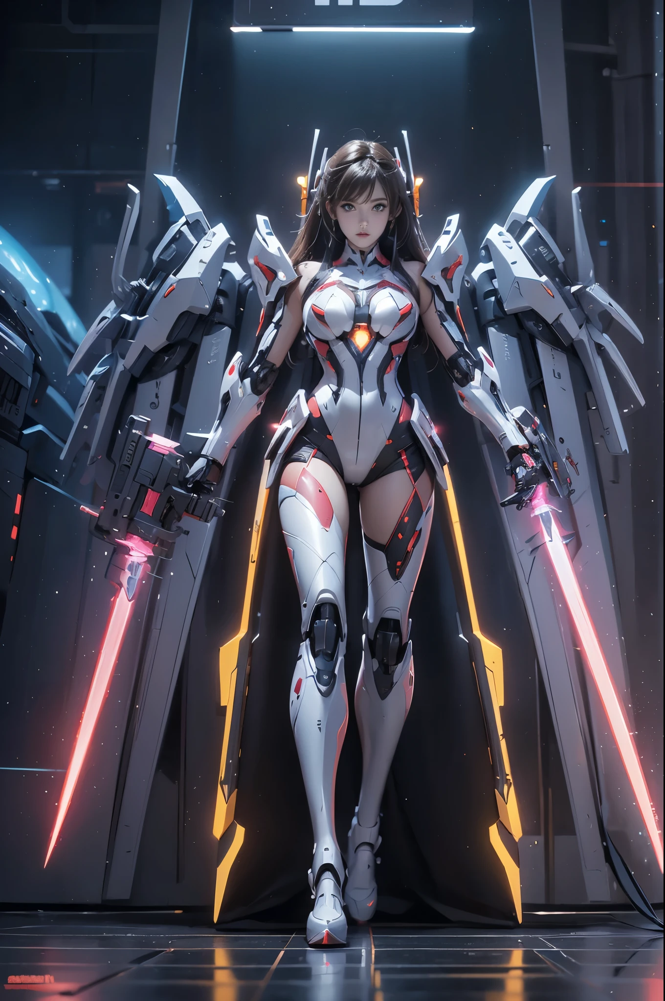 Very large combat robot carrying layers of personnel inside similar to: (but NOT the same as ZGMF-X20A Strike Freedom), the combat robot is the improved version of its type and is characterized by its pink, blue and golden, fine lines, deep shadows, as well as its large wings. The combat robot is armed with a variety of weapons, including laser cannons, energy rifles and beam swords. Its elegant design and firepower make it a formidable machine on the battlefield. highly aesthetic. RAW quality