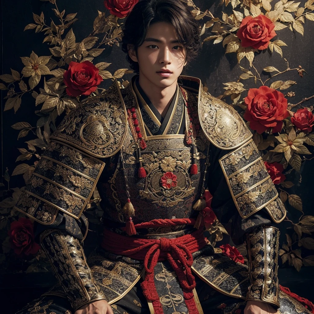 Hyper real of a handsome young Japanese man wearing very complicated traditional armor, inspired by historical East Asian designs. This armor is dominated by gold and black colors with intricate details and patterns. Red laces and floral motifs add color to the outfit. Man sitting on a dark background with red flowers, which may depict an atmosphere of elegance or glory, realistic ultra HDR extreme original face masterpiece (very curly hair) 