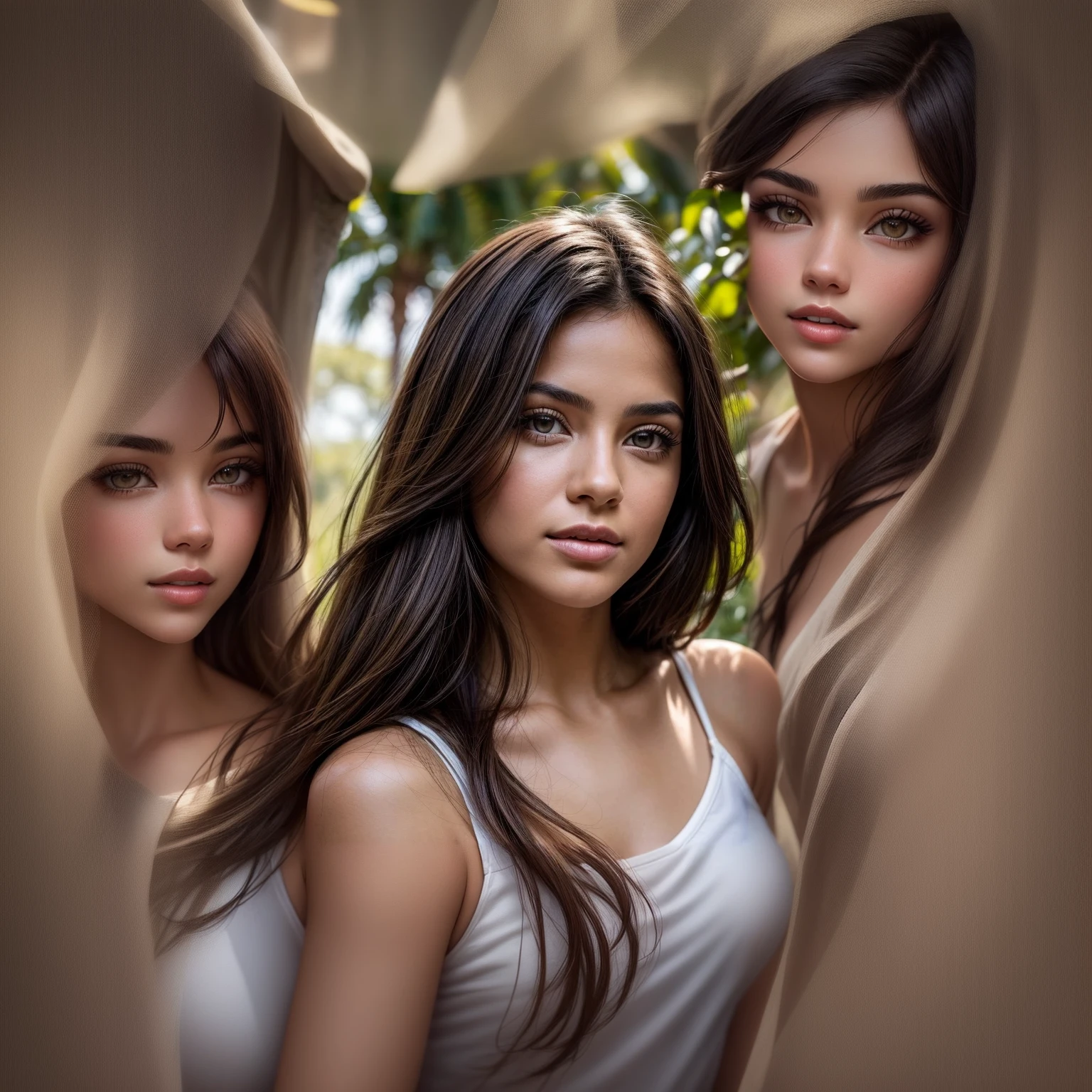 arafa woman with long brown hair and white tank top posing for a photo, beautiful latin face, isabela moner, flawless olive skinned,  with dark brown hair, photo of a beautiful woman, Extremely beautiful face, gorgeous attractive face, Retrato Sophie Mudd, olive skinned color, beautiful mexican woman, beautiful and attractive face, olive skinned