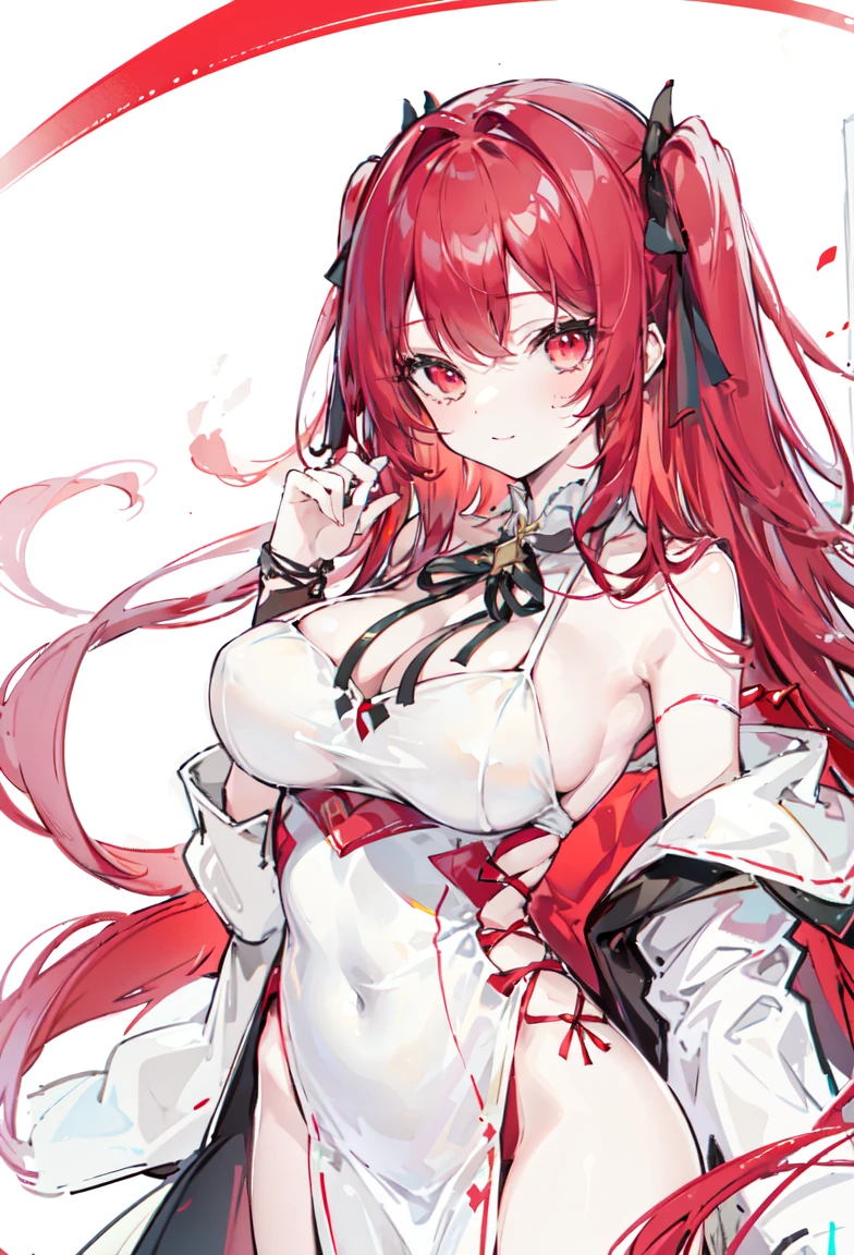 One Girl, (Large: 1.4), Solo, ((Hi-Res)), ((Masterpiece)), ((Best Quality)), ((Very Detailed)), ((Very Detailed)),Long Black and red hair,Delicate makeup and glossy face,Slim and smooth legs a sweet girl,,thick,Big breasts ,hair spreading through out,smiling,colorful background, a dress that is crafted from white silk, which lends a delicate appearance. Due to the nature of the fabric, it offers a degree of transparency, slightly showing the skin beneath. The silhouette of the dress features a thin string or cord that ties around the wearer's neck, serving as the main support for holding the garment in place. In the front, the dress provides minimal coverage, barely concealing the chest area and exposing some side breast. The back, however, remains entirely open, revealing the wearer's back. The bottom half of the dress fully encloses the hips and lower body, maintaining modesty despite the overall revealing design.
