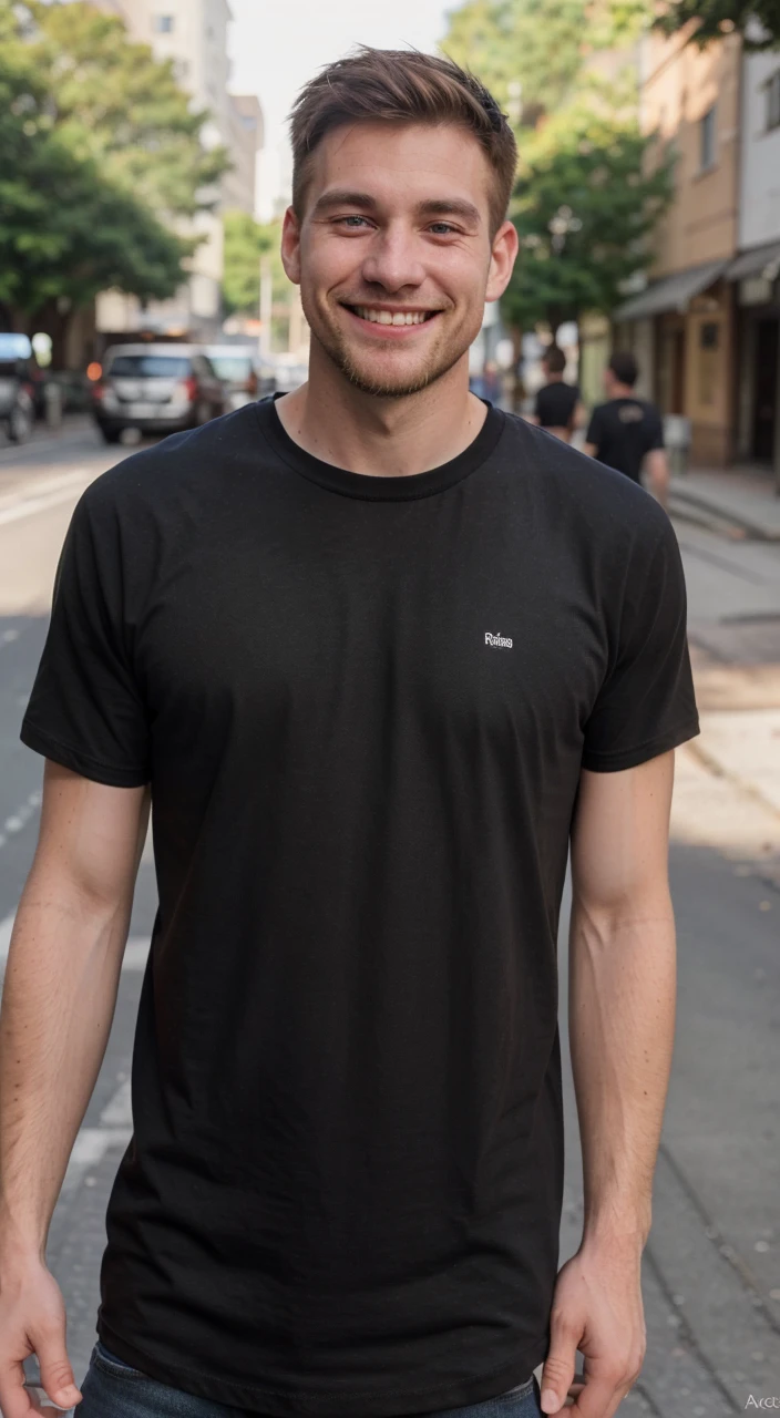 (RAW photo:1.2), a 23 years old white man 180cm 80kg, short brown straight hair wearing black t-shirt black trausers on the street ,short beard, best quality, 8k, uhd, photorealistic, textured skin, smile 0.8