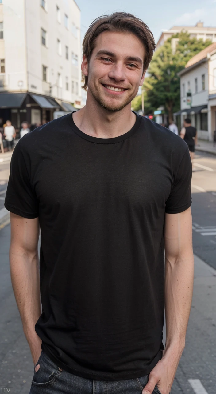 (RAW photo:1.2), a 23 years old white man 180cm 80kg, short brown straight hair wearing black t-shirt black trausers on the street ,short beard, best quality, 8k, uhd, photorealistic, textured skin, smile 0.8