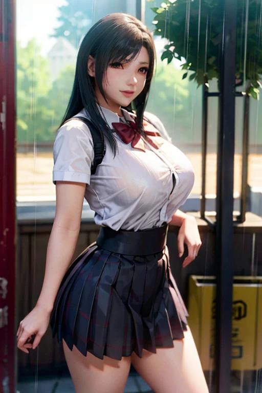 school girl uniform , steam , rain , plaid skirt , pleated skirt , The shirt is tight. , white shirt , school girl , red bow , red knot  , highly detailed photo of Tifa Lockhart posing, final fantasy 7 remake