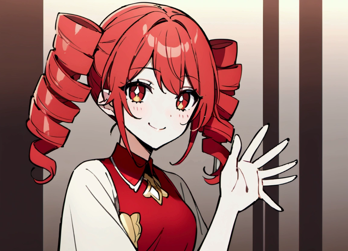 Red hair, waving, smiling, female