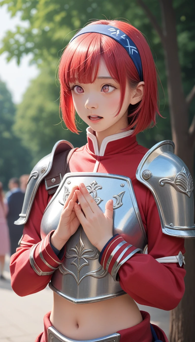 score_9_up, score_8_up, score_7_up, score_6_up,Lapis Lazuli Iron, 1 Girl, Solitary, Looking at the audience, blush, Bangs, Gloves, Upper Body, Weaving, Headband, outdoor, Open your mouth, sky空, sky, hands up, Pink Eyes, armor, Tree, Cover the navel, Blurred background, Place your hands on your chest, shoulder armor, side Weaving, Breastplate, red armor