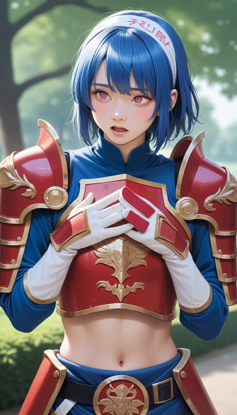 score_9_up, score_8_up, score_7_up, score_6_up,Lapis Lazuli Iron, 1 Girl, Solitary, Looking at the audience, blush, Bangs, Gloves, Upper Body, Weaving, Headband, outdoor, Open your mouth, sky空, sky, hands up, Pink Eyes, armor, Tree, Cover the navel, Blurred background, Place your hands on your chest, shoulder armor, side Weaving, Breastplate, red armor