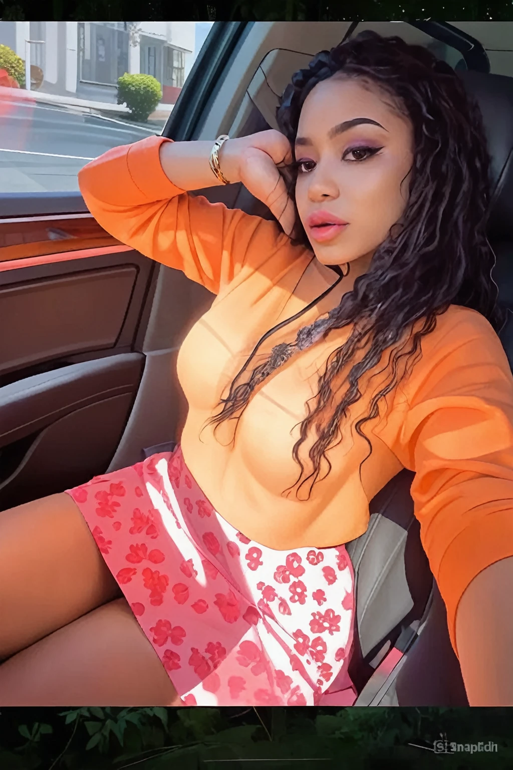 There is a woman sitting in a car with her hand on her head, sitting in her car, Violet Myers, It looks hot, clear skinned african young girl, how much, clear skin, chica sexy, illuminated from one side, cute woman, medium body shot, stunning beauty, beautiful lady, with beautiful exotic, Cardi B., pose casual, pretty girl