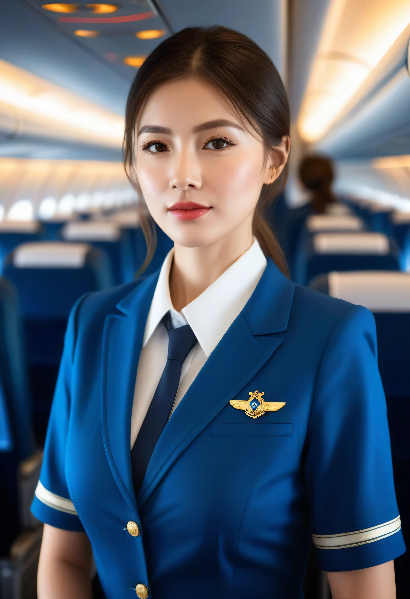 best qualityer,(OriginalPhoto:1.2),(work of art:1.4),(realisitic:1.4),(high resolution:1.4), 1 girl, Depth of field, steward, details Intricate,8k, very detailled, perfect lighting, epic background