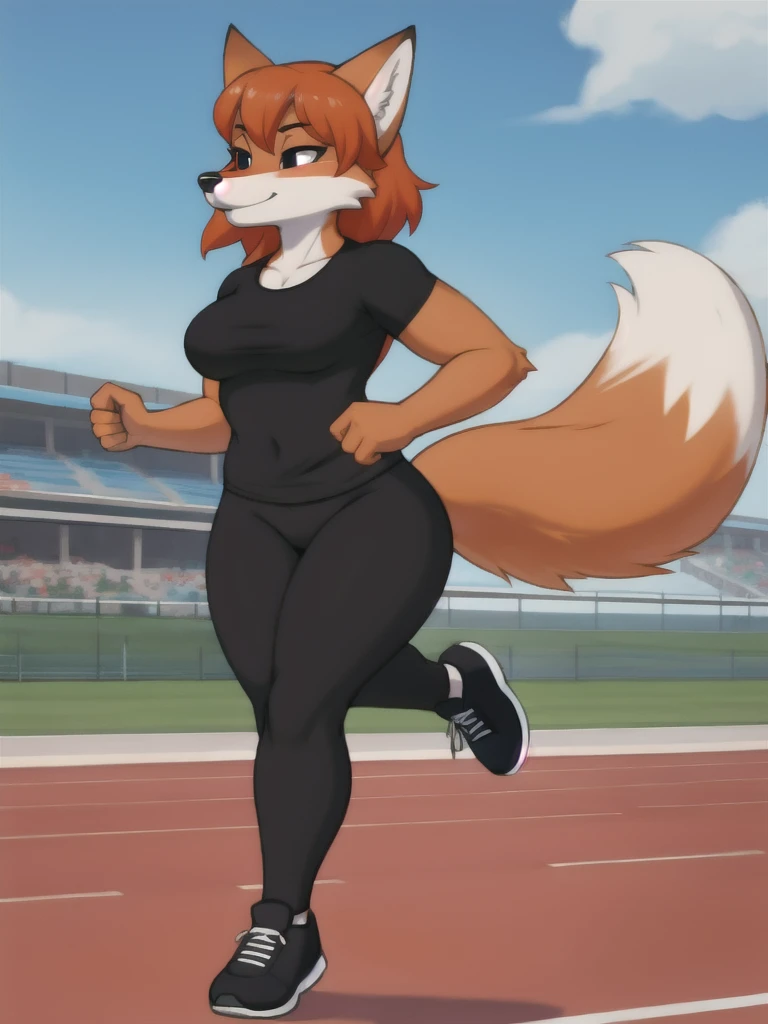 Furry, fox, female, black shirt, black leggings, shoes, running track, solo, full body