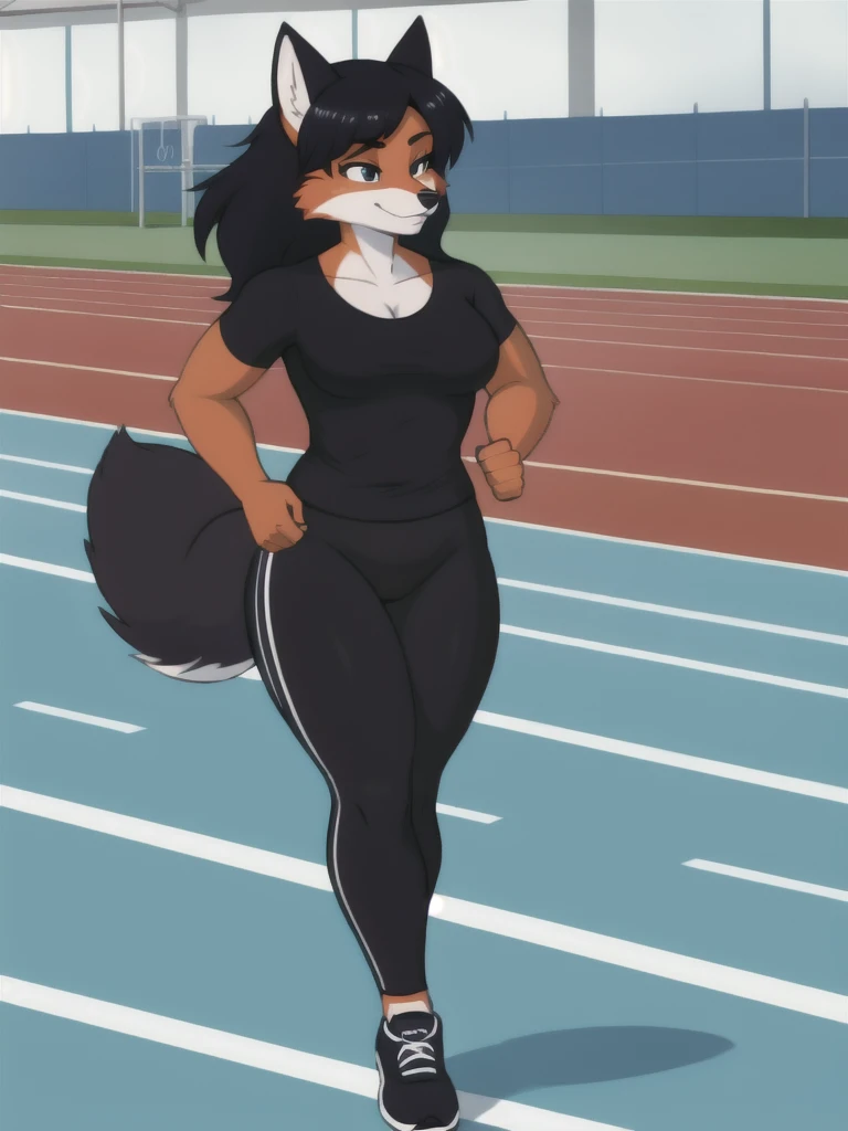 Furry, fox, female, black shirt, black leggings, shoes, running track, solo, full body
