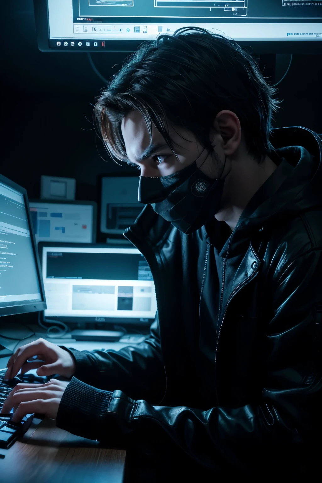 In the dim light of a dark room, the only source of illumination came from the bluish glow of a computer screen. A hacker, hidden behind an enigmatic mask, typed frantically, his fingers dancing over the keyboard with precision and speed. The screen's reflection lit up his focused eyes, showing a glint of determination and cunning. Lines of code scrolled across the screen, revealing a digital labyrinth he navigated with mastery. The environment around him was filled with technological equipment, monitors displaying complex graphics, and a cacophony of electronic noises filled the air, creating an atmosphere of tension and mystery. The hacker, a true master of digital shadows, was on the brink of uncovering secrets guarded under lock and key, his virtual presence invisible but lethal.