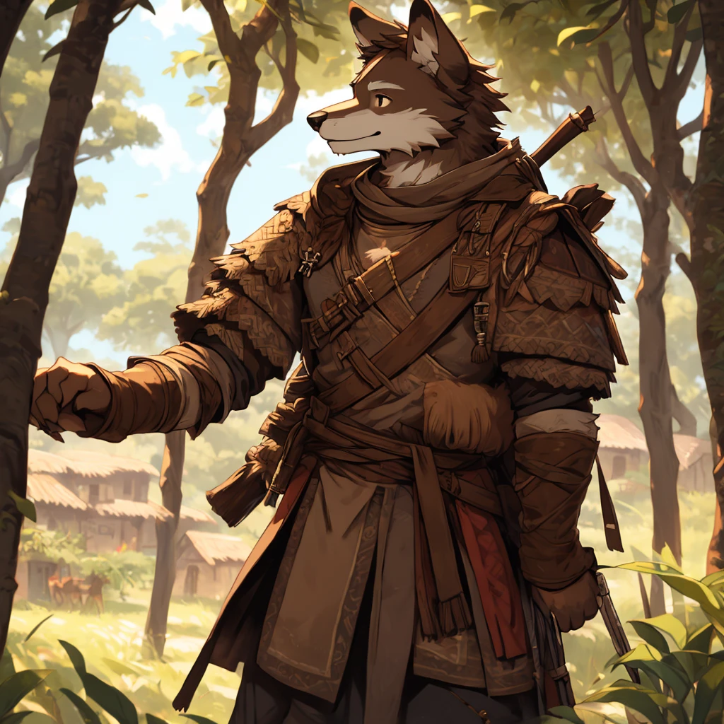 (very detailed illustration: 1.2), best quality, masterpiece, solo, natural lighting, An young anthro wolf with dark brown fur, he has brown eyes and dark brown hair, he has fur on his hands and they have claws., he is dressed in archer clothing from the medieval era, he is in an open field, on his sides there are trees and behind him is a village from the medieval era, he is smiling.