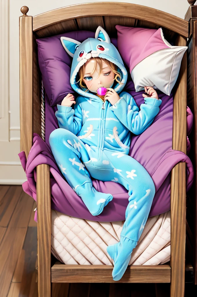 An anime image of a small boy who’s sleeping , (wearing fox hoodie-footie pjs), (((wearing a diaper))), ((sleeping soundly in a crib)), (crib), pacifier, peaceful expression, soft lighting, solo, ((1boy)), warm colors, highly detailed, extremely detailed, masterpiece, anime style, beautiful detailed eyes, soft bedding, plush fox hoodie, adorable, comfort, cozy, restful, hood up,