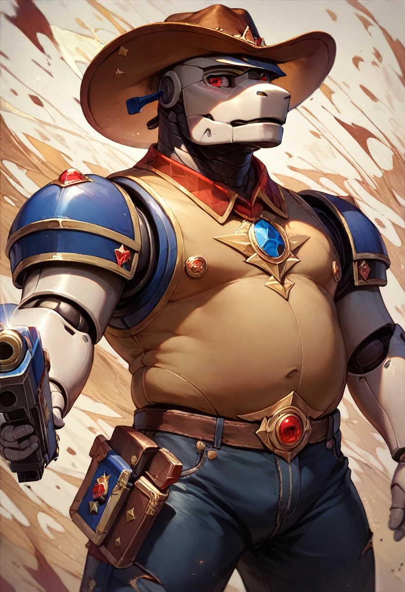 ((best quality)), ((masterpiece)), (detailed), robot, cowboy, cowboy hat, two red eyes, dark leather clothing, tattered poncho, quick draw pistol shot, fanning hammer, dutch angle, abstract background, male, chunky robot