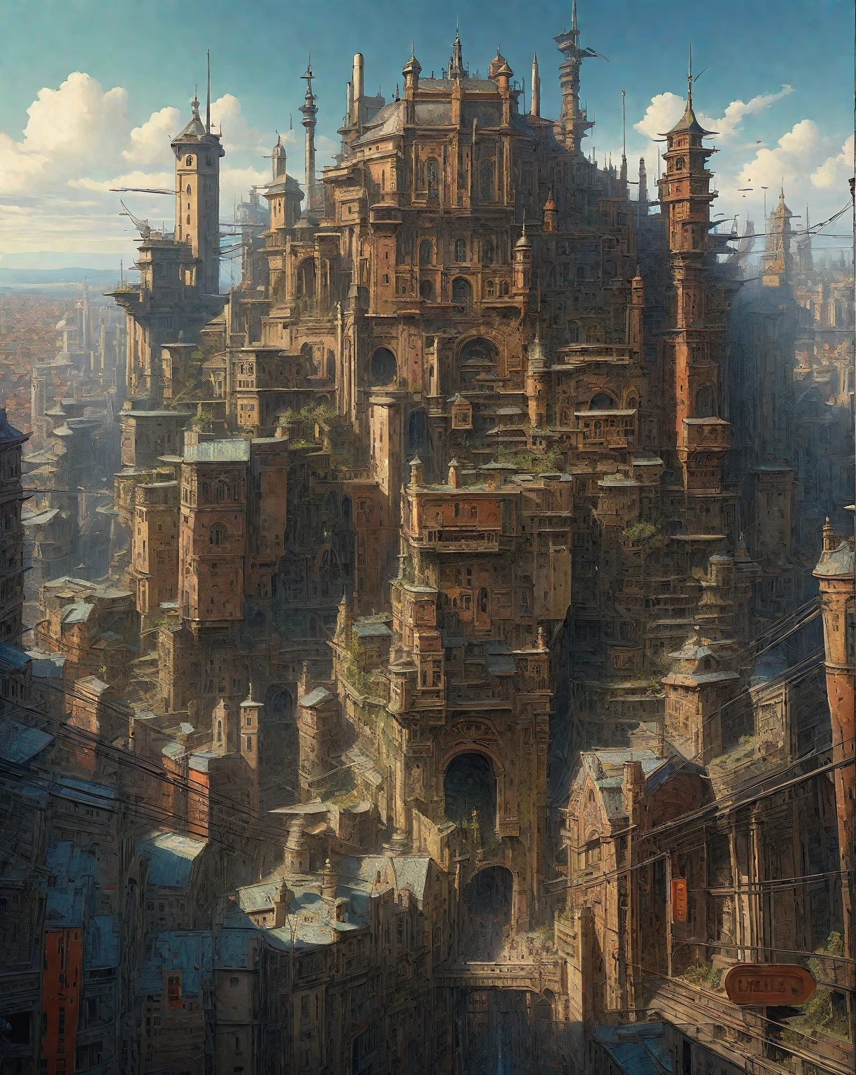 there is a drawing of a city with a clock tower, insanely highly detailed artwork, realistic painting of a complex, complex layered composition!!, expansive detailed layered city, realistic intricate concept art, big and structured valhalla city, multi layered huge architectures, insanely detailed art, atelier olschinsky, intricate cyberpunk city, intricate matte painting, intricate concept art