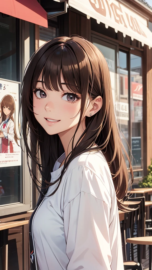 Gal、Wearing a shirt、restaurant、Close-up of face、Staring at me、laughing、Her hair is brown.、Around 25 years old、Anime style illustrations