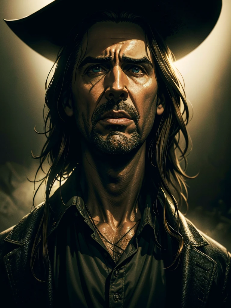A cinematic portrait of Nicholas Cage as The Scarecrow, Jonathan Crane, in a quirky 90s style, dramatic lighting, dark moody atmosphere, horror elements, eerie and unsettling, ominous presence, intricate details, hyper-realistic, photorealistic, award-winning, 8k, best quality