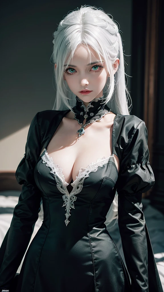 girl with white hair, black gloves, gothic,4K, masterpiece, perfect body, stem,perfect eyes, green eyes,perfect shading, perfect lighting, best quality, work of art, ultra detailed, detailed clothing