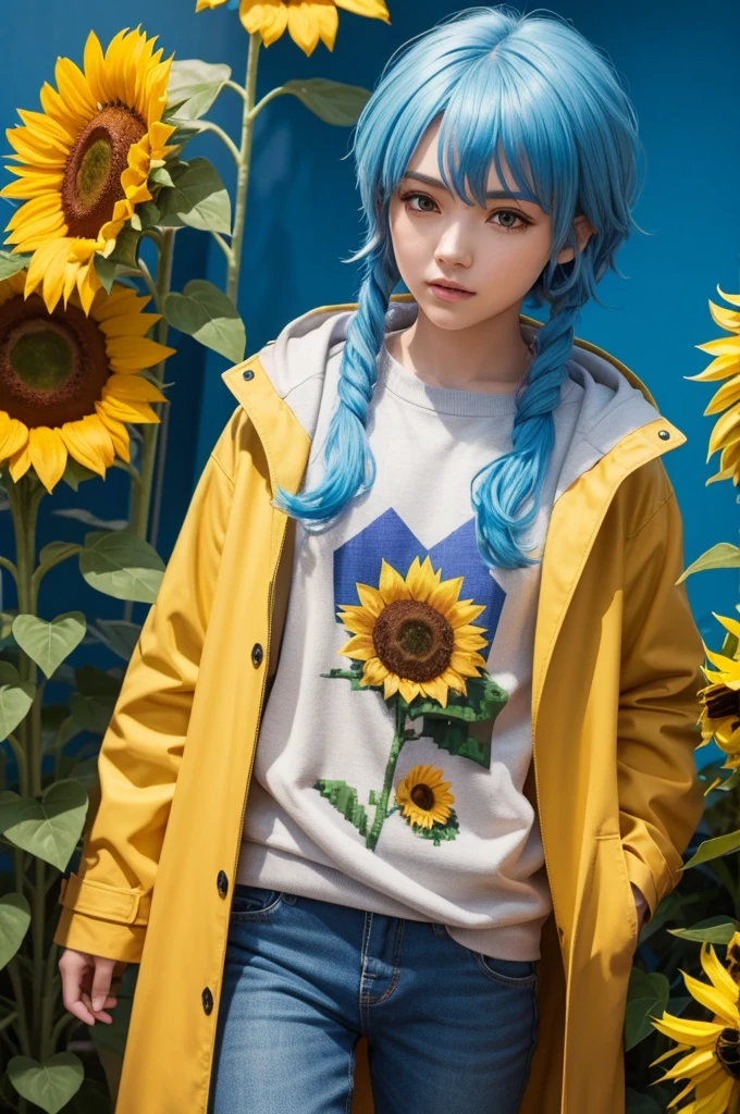 A Minecraft character with blue hair and a yellow coat with a sunflower print