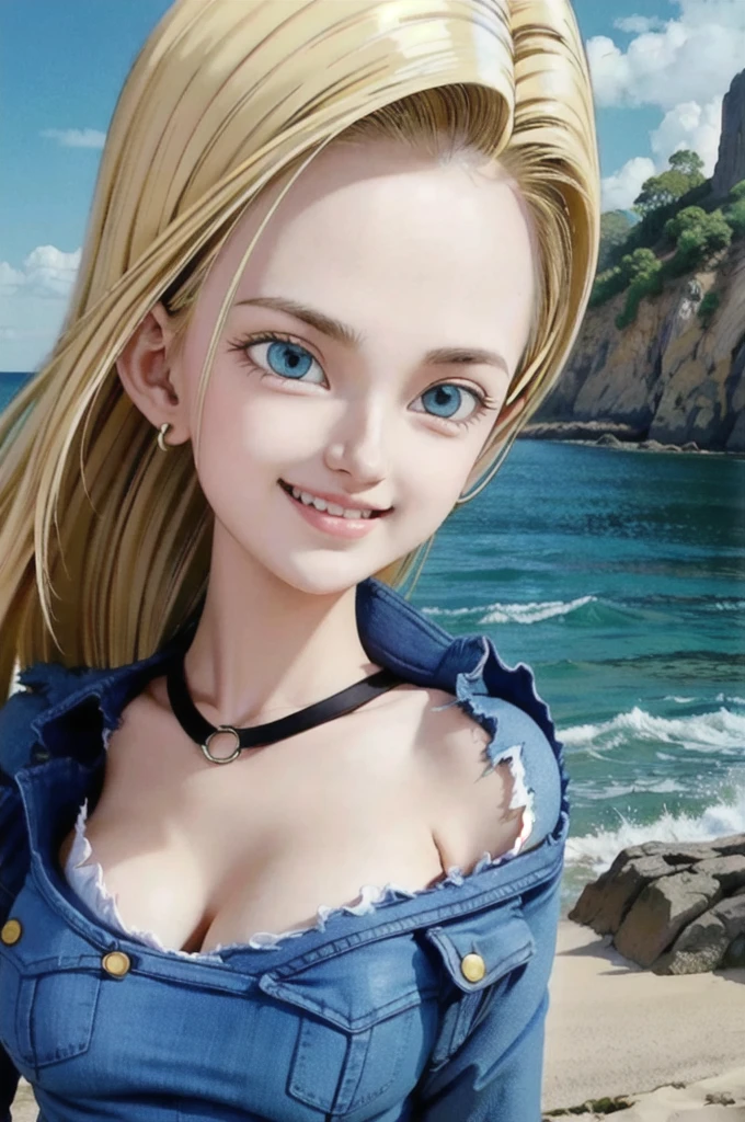 android 18,blonde hair, Long Straight hair, blue eyes, vest, black shirt, long sleeves, denim jacket, looking at viewer, smile Face, close up portrait, outside, beach, ocean, blue sky, trees, rocks, high quality, masterpiece,  sexy body, perfect breasts, slightly torn shirt on the chest