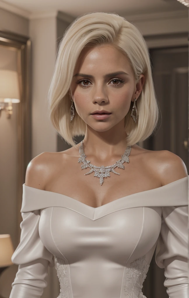 A slender beautiful woman in ballroom, she wears a tight off-the-shoulder white short dress that fits snugly to her body, ((large_breasts)), collarbone, long sleeves, (photorealistic:1.2) (best quality) (intricate details) (8K) (High Poly) (ray tracing) (cinema lighting) (sharp focus) (detailed face), jewelry, necklace, wedding dress, garter, bracelet, earrings, realistic skin textures, (she is 25 years old), [Victoria Beckham], [[Kate Beckinsale]], [Jenna Coleman], ((platinum blonde))
