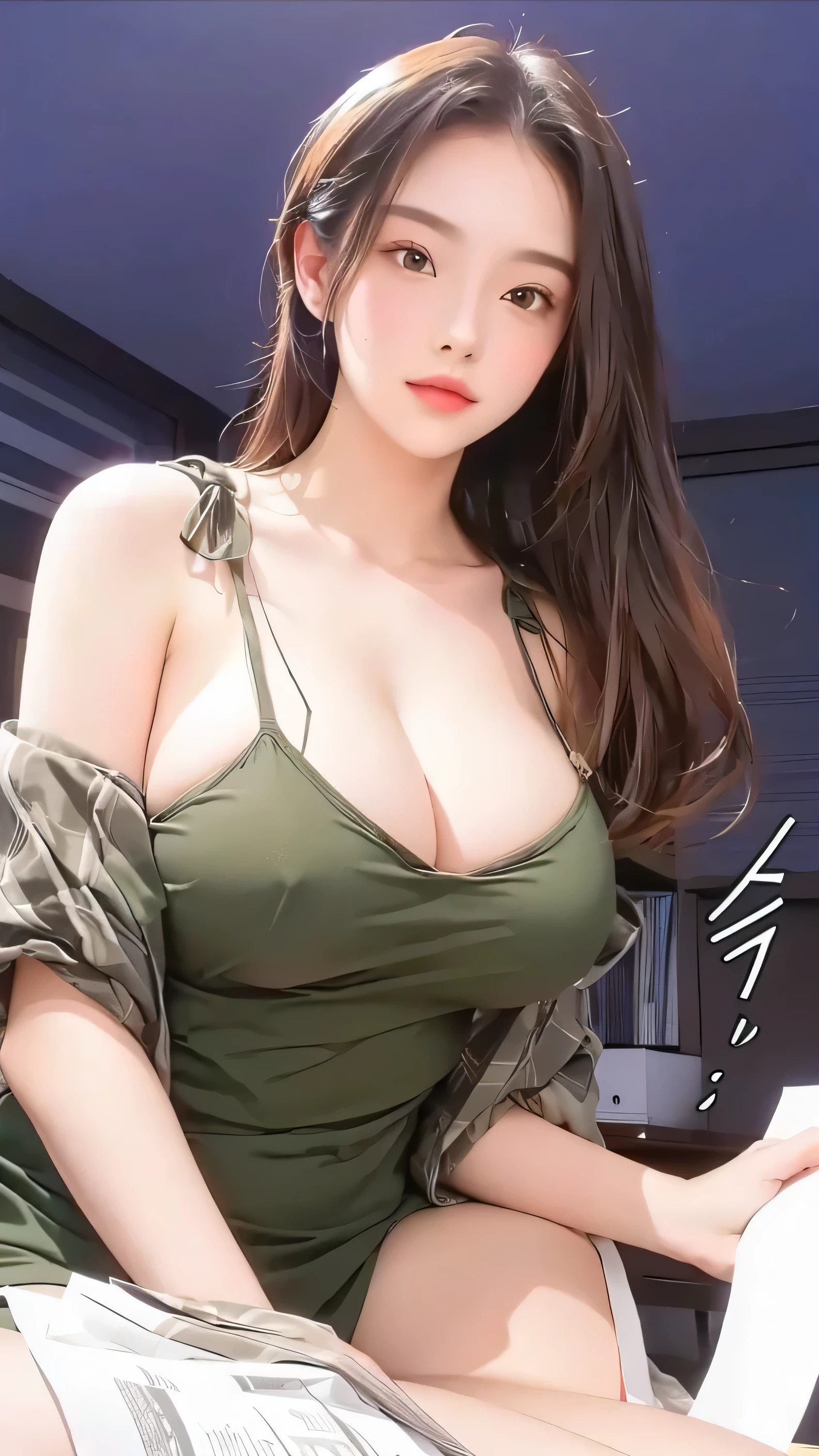 Beautiful girl with big breast sitting on bed with paper in hand,