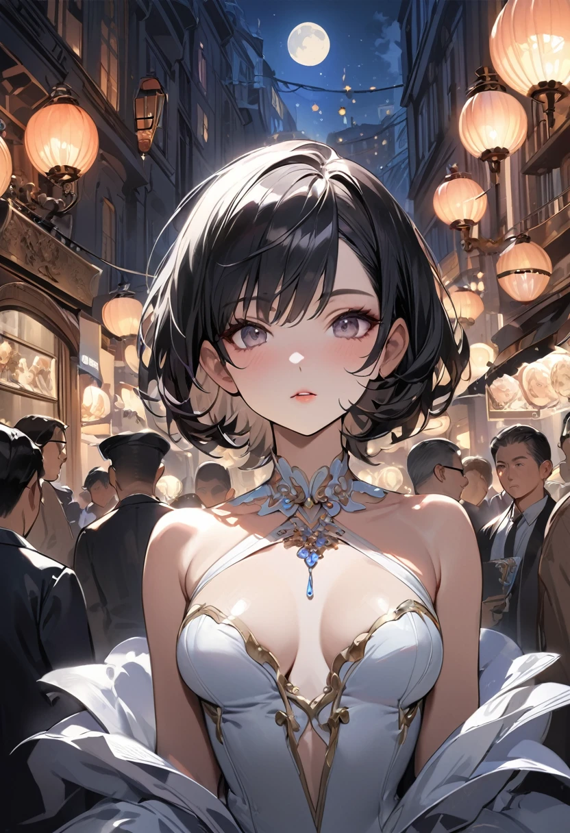 masterpiece, Highest quality, Miranda, (Half Body Shot,Street lamp,moon),masterpiece, One girl, Solo Exhibitions, Beautiful woman on a busy street, Surrounded by peddlers, Beautiful Goddess Girl Portrait, Beautiful and elaborate face, Porcelain-like skin, (((Bust Shot, center, night, Black Hair, short hair)), Very soft lighting, Symmetric, complicated, grace, Attention to detail, realism, art, concept art,
