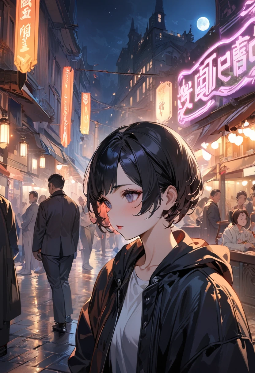 masterpiece, Highest quality, Miranda, (Half Body Shot,Street lamp,moon),masterpiece, One girl, Solo Exhibitions, Beautiful woman on a busy street, Surrounded by peddlers, Beautiful Goddess Girl Portrait, Beautiful and elaborate face, Porcelain-like skin, (((Bust Shot, center, night, Black Hair, short hair)), Very soft lighting, Symmetric, complicated, grace, Attention to detail, realism, art, concept art,