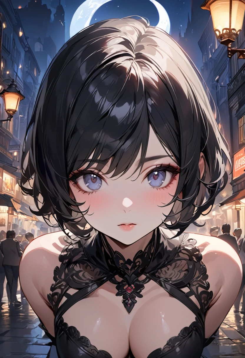 masterpiece, Highest quality, Miranda, (Half Body Shot,Street lamp,moon),masterpiece, One girl, Solo Exhibitions, Beautiful woman on a busy street, Surrounded by peddlers, Beautiful Goddess Girl Portrait, Beautiful and elaborate face, Porcelain-like skin, (((Bust Shot, center, night, Black Hair, short hair)), Very soft lighting, Symmetric, complicated, grace, Attention to detail, realism, art, concept art,