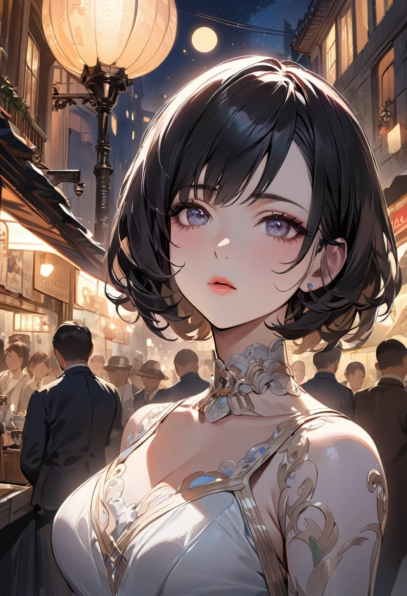 masterpiece, Highest quality, Miranda, (Half Body Shot,Street lamp,moon),masterpiece, One girl, Solo Exhibitions, Beautiful woman on a busy street, Surrounded by peddlers, Beautiful Goddess Girl Portrait, Beautiful and elaborate face, Porcelain-like skin, (((Bust Shot, center, night, Black Hair, short hair)), Very soft lighting, Symmetric, complicated, grace, Attention to detail, realism, art, concept art,