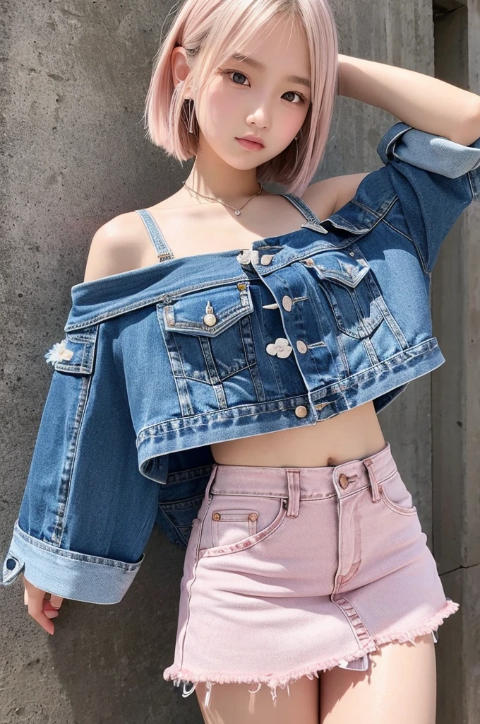 Android18、Denim micro mini skirt、A large silver shield with a floral pattern is worn on the left arm.、Baby Face、、Pink Panties