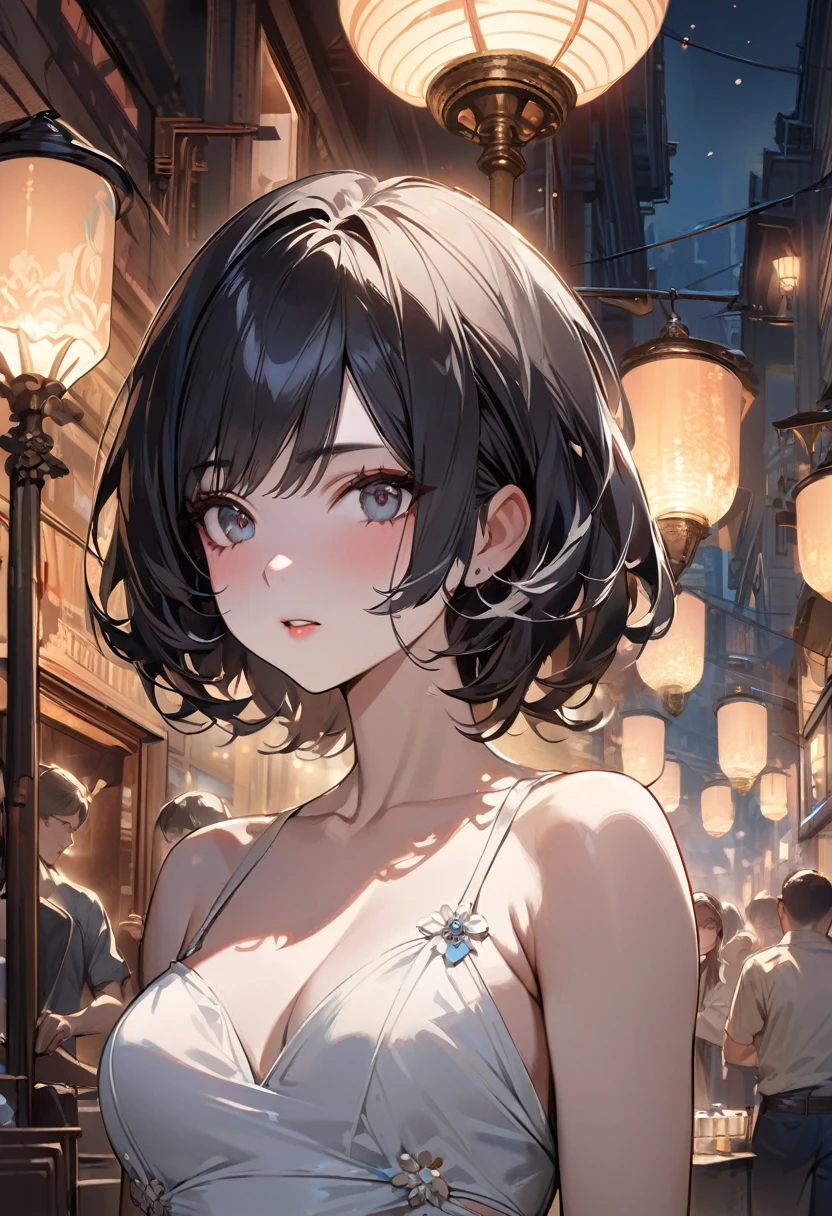 masterpiece, Highest quality, Miranda, (Half Body Shot,Street lamp,moon),masterpiece, One girl, Solo Exhibitions, Beautiful woman on a busy street, Surrounded by peddlers, Beautiful Goddess Girl Portrait, Beautiful and elaborate face, Porcelain-like skin, (((Bust Shot, center, night, Black Hair, short hair)), Very soft lighting, Symmetric, complicated, grace, Attention to detail, realism, art, concept art,