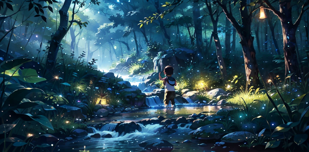 A stream running through the forest,Little boy playing with water in the forest,There are starlight fireflies