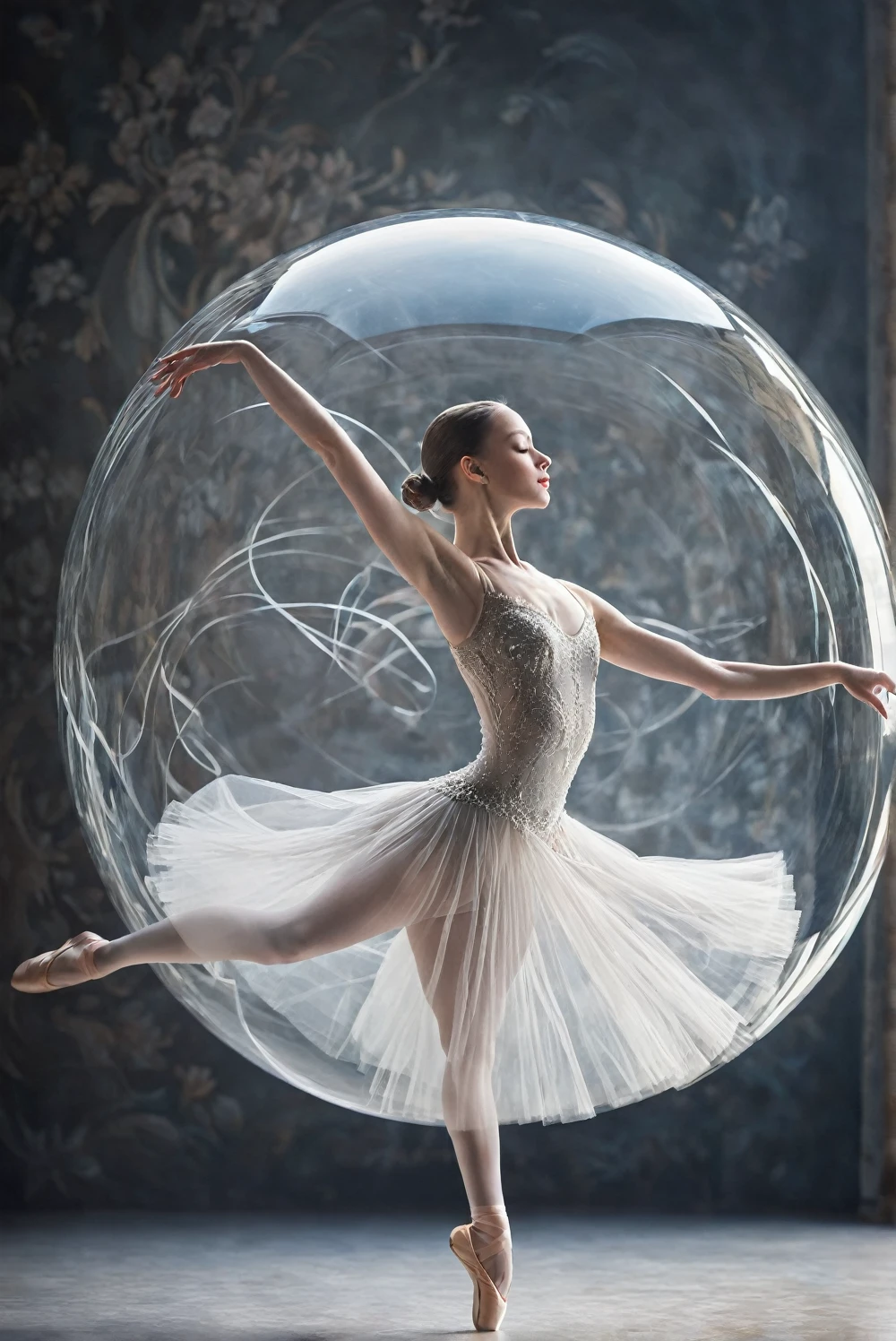 A gracefully twirling ballerina, her movements captured within a transparent crystal orb. The dancer's delicate form is a vision of elegance and poise, her porcelain skin reflecting the soft light that surrounds her. The precision of her arabesques and pirouettes is frozen in time, a mesmerizing sight that gives off a sense of ethereal beauty. This image, whether a painting or photograph, radiates a sense of enchantment and artistry that captivates the viewer's gaze.

