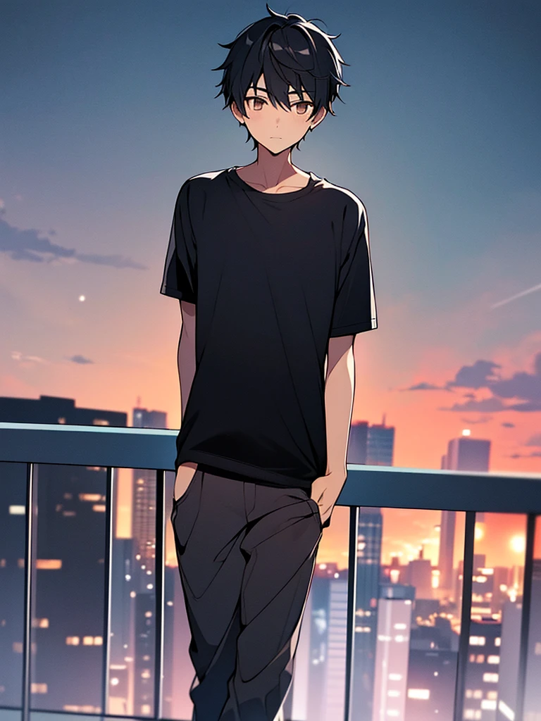 a boy standing on balcony, black hair,brown eyes, wearing black T-shirt & black pant, thinking something and confused, dark grey night, stars at the night sky, frontview. Anime.