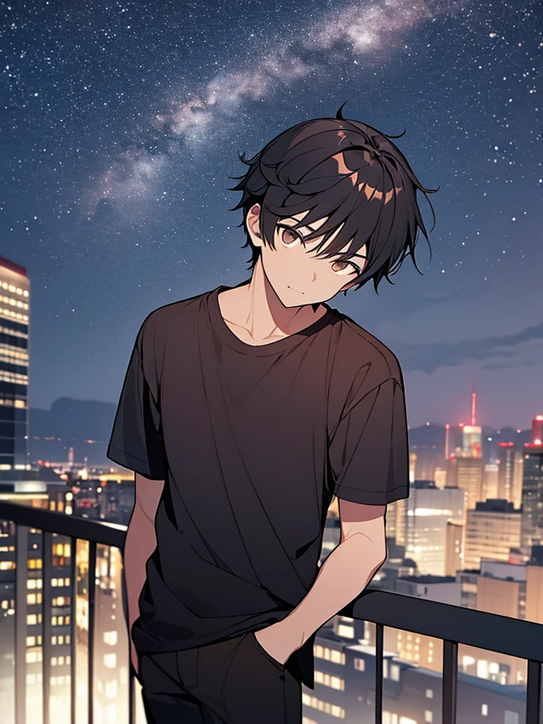 a teen boy standing on balcony, black hair,brown eyes, wearing black T-shirt & black pant, thinking something and confused, dark grey night, stars at the night sky, frontview. Anime.
