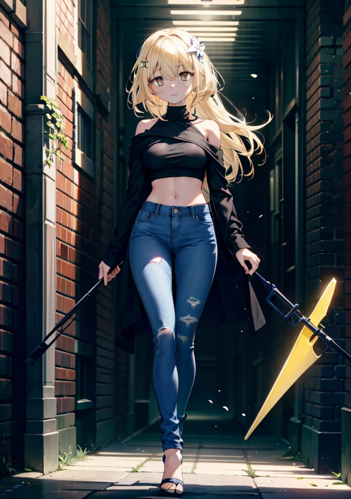 アイスWallenstein, Wallenstein, blonde, Hair between the eyes, hair band, Long Hair, (Yellow Eyes:1.5),happy smile, smile, Shut your mouth.,smile,blush,Oversized blue one-shoulder shirt,Skinny jeans,Stiletto heels,whole bodyがイラストに入るように,Walking,Daytime,Clear skies, break looking at viewer,whole body, break outdoors,Building district, break (masterpiece:1.2), Highest quality, High resolution, unity 8k wallpaper, (shape:0.8), (Beautiful and beautiful eyes:1.6), Highly detailed face, Perfect lighting, Extremely detailed CG, (Perfect hands, Perfect Anatomy),