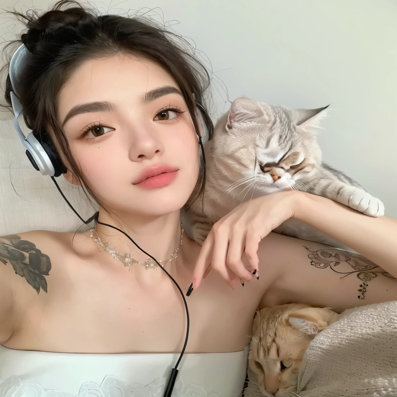 araffe with a gato on her shoulder and a woman with headphones, very beautiful cute gatochica, bella delfina, beautiful young gatochica, attractive gato chica, dilraba dilmurat, ella parece una mezcla de grimes, emo chica and her gato, chica with gato ears, bella poarch, blanco ( gato ) chica, with gatos on her side