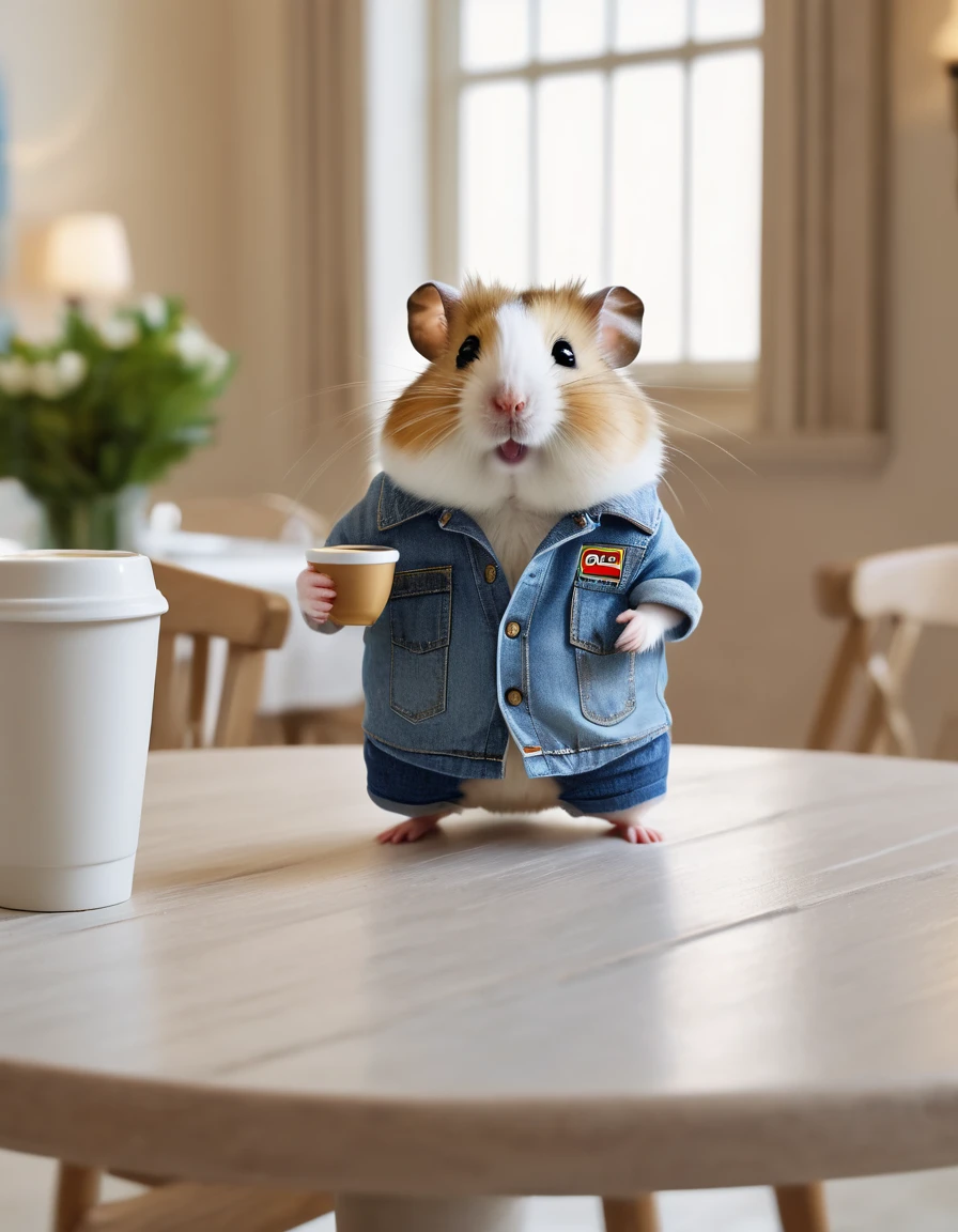 full shot photograph of an anthropomorphic hamster, dressed in an Opel brand Polo with short light blue denim shorts, sitting in an elegant dining room having a hot coffee, full HD, 8k