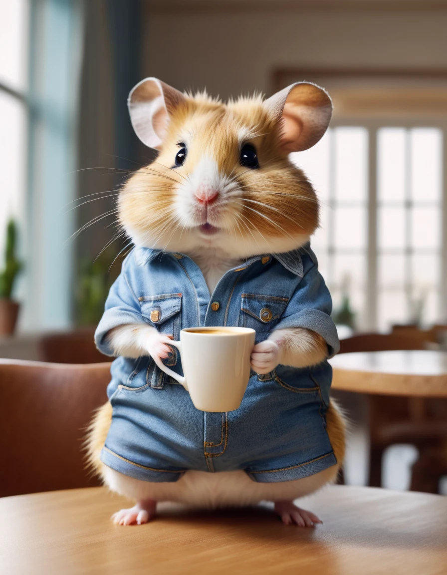 full shot photograph of an anthropomorphic hamster, dressed in an Opel brand Polo with short light blue denim shorts, sitting in an elegant dining room having a hot coffee, full HD, 8k