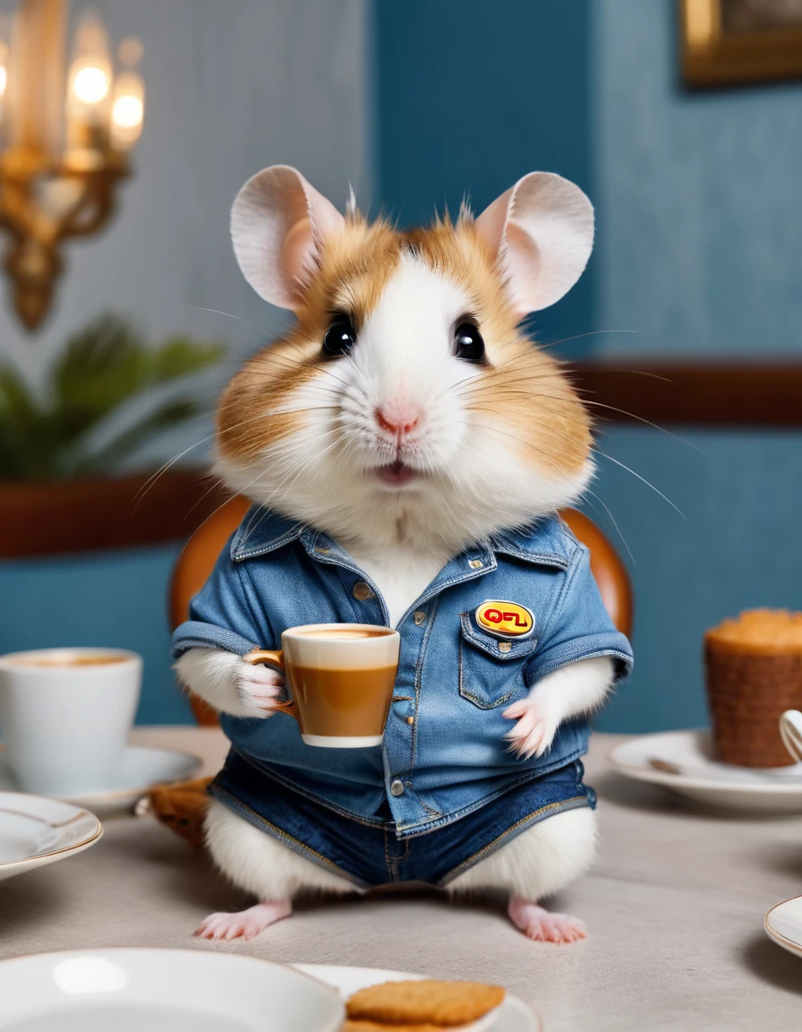 full shot photograph of an anthropomorphic hamster, dressed in an Opel brand Polo with short light blue denim shorts, sitting in an elegant dining room having a hot coffee, full HD, 8k