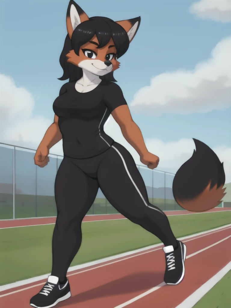 Furry, fox, female, black shirt, black leggings, shoes, running track, solo, full body
