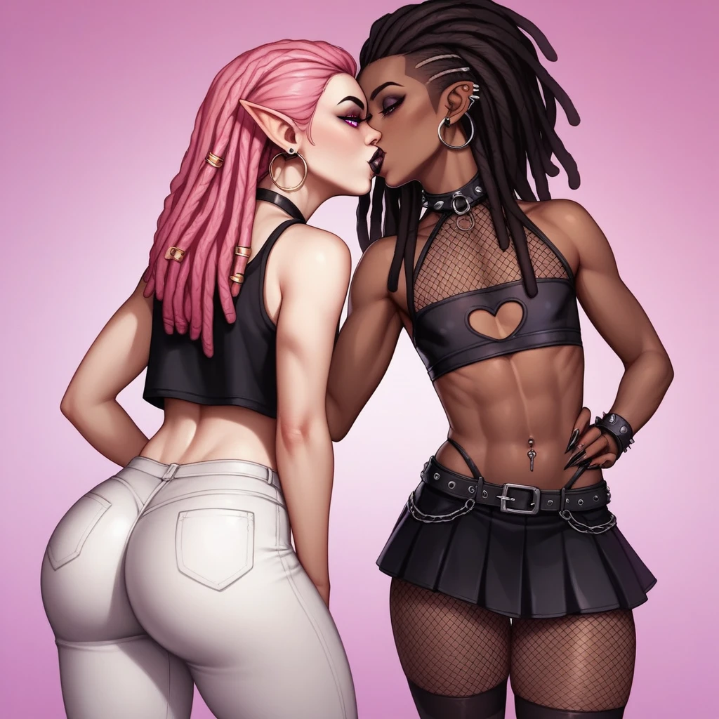 Best quality, highly detailed, ultra detailed, 1 brown skin boy, flat chest, male chest, slim curvy body, long pink dreadlocks, pink dreadlocks, pink eyes, vampire, pointy ears, sharp nails, black lipgloss, goth, black crop top, black mini skirt, fishnets,  big butt, kissing audience, pink bedroom, close up