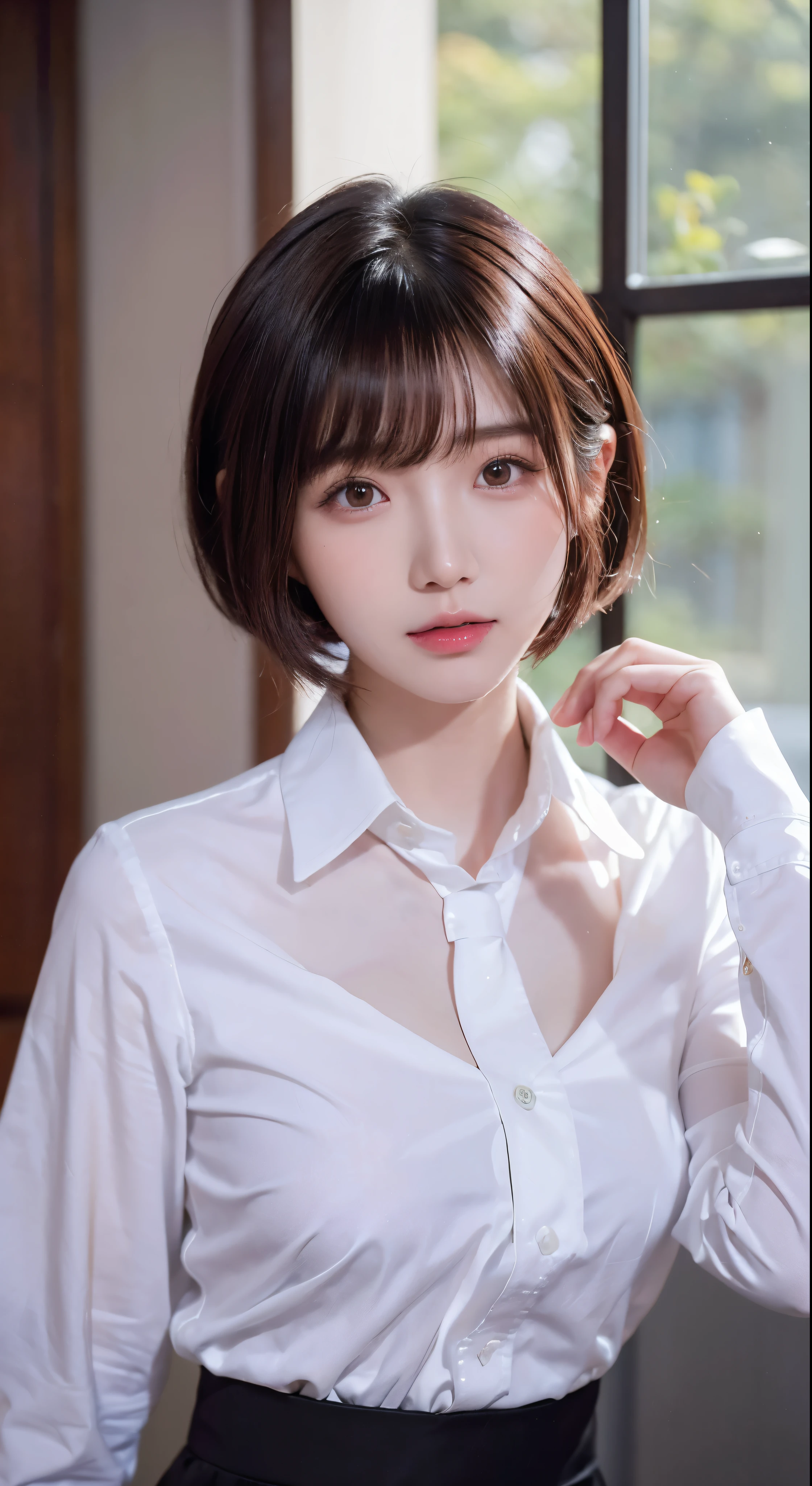 there is a woman wearing a tie and a white shirt, with short hair, beautiful south korean woman, korean girl, sun yunjoo, cute korean actress, gorgeous young korean woman, lee ji-eun, lee ji - eun, xintong chen, neat hair with bangs, short brown hair with bangs, beautiful young korean woman, heonhwa choe