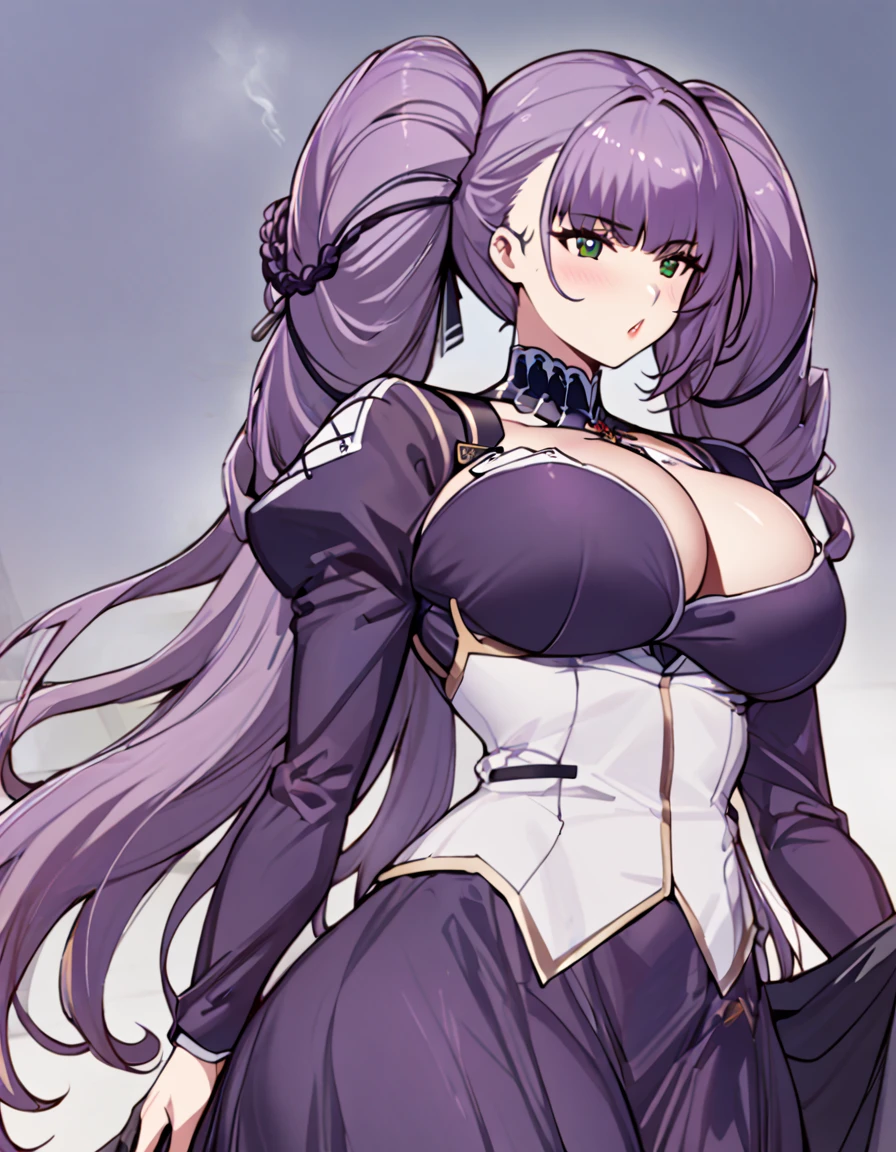 Anime, 1 girl, solo, kimtag, formidable's hairstyle, purple colored hair, green eyes, curious expression, busty, firm plump body, genetics's uniform , Juliet sleeves, deep cleavage,, large skirt, smoking a cigarrette