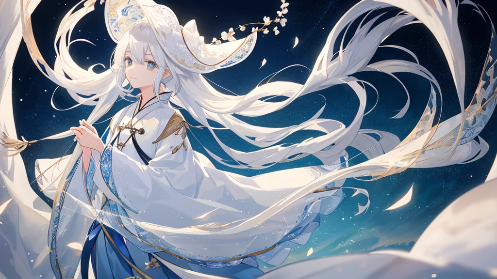 daughter，white bathtub，Dinastia Song Hanfu，see-through sleeves，Raise your hair，he used to smile，moonligh，Full body like，White Fan Gradient Long Hair，Messy hair，Film Angle，floating，（beautiful detailed eyes），（Detailed lighting），cinematic lighting，beautiful detailed sky，（1ガール），（cabelo longo e branco），glowing light eyes，（Lighting particle），（painting of a），rich colors，sparkling，thawed