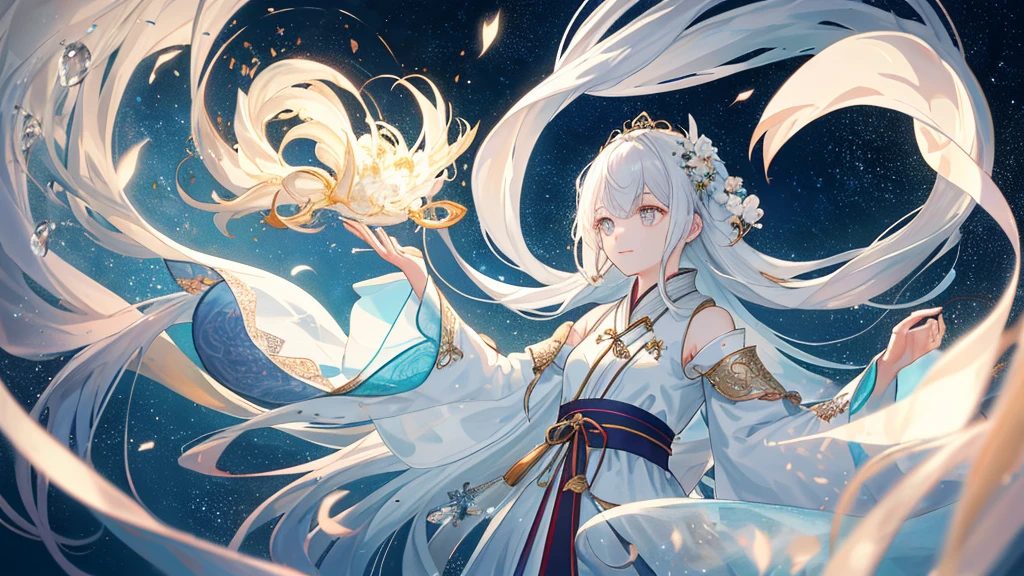 daughter，white bathtub，Dinastia Song Hanfu，see-through sleeves，Raise your hair，he used to smile，moonligh，Full body like，White Fan Gradient Long Hair，Messy hair，Film Angle，floating，（beautiful detailed eyes），（Detailed lighting），cinematic lighting，beautiful detailed sky，（1ガール），（cabelo longo e branco），glowing light eyes，（Lighting particle），（painting of a），rich colors，sparkling，thawed