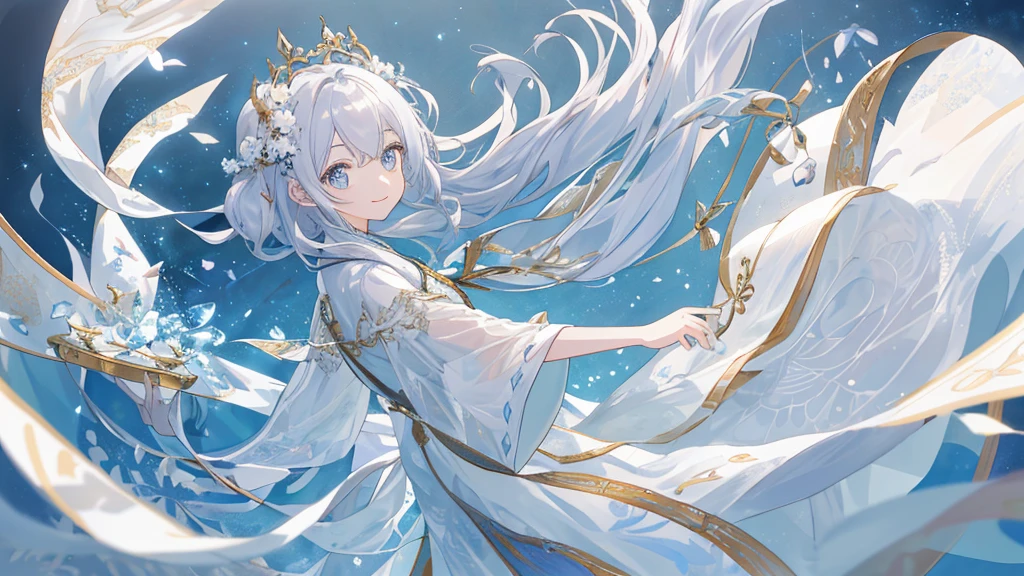 daughter,white bathtub,Dinastia Song Hanfu,see-through sleeves,Raise your hair,he used to smile,moonligh,Full body like,White Fan Gradient Long Hair,Messy hair,Film Angle,floating,(beautiful detailed eyes),(Detailed lighting),cinematic lighting,beautiful detailed sky,(1ガール),(cabelo longo e branco),glowing light eyes,(Lighting particle),(painting of a),rich colors,sparkling,thawed